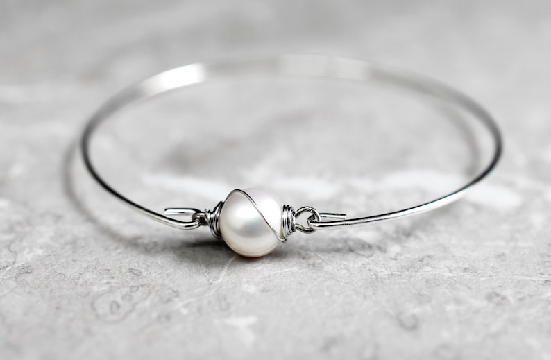 Real Freshwater Wire Wrapped Pearl Bangle Silver Dainty Elegant Minimalistic Casual Bracelet Bride Wedding Proposal Maritime Jewelry image 1