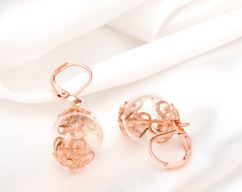 Pendientes de semilla de diente de león - Bola de cristal, pendientes bohemios oro rosa