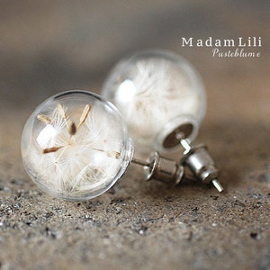 DANDELION EAR STUDS - Glass Ear Stud - Natural Cute Silver Small Ear Stud - Dandelion Jewelry gift for women - Handmade Ear Stud