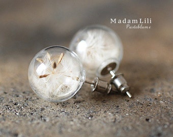 DANDELION EAR STUDS - Stud de oreja de vidrio - Stud de oreja pequeña de plata linda natural - Regalo de joyería de diente de León para las mujeres - Stud de oreja hecho a mano