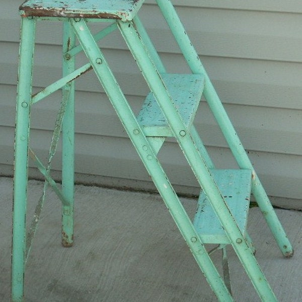 Vintage Aqua Turquoise Metal Step Ladder