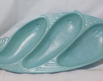 Vintage Mid Century Royal Haeger Fish Dish Bowl 3 Part Turquoise Aqua Blue  Cottagecore Huge! 363-H