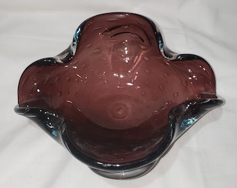 Mid Century Art Glass Controlled Bubble Purple Bowl