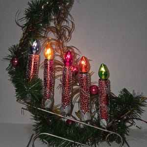 Vintage Christmas Candle Candelabra Lights 8 Moon Shape Metal with Garland, Tinsel, Ornaments