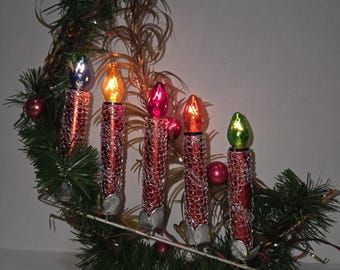 Vintage Christmas Candle Candelabra Lights 8 Moon Shape Metal with Garland, Tinsel, Ornaments
