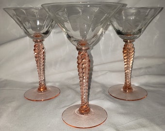 Pink Twist Stem Etched Bowl Tall Champagne Glasses