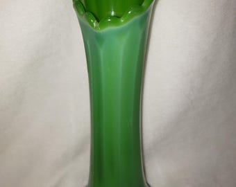 Vintage Green Slag Glass Swung Pulled Vase 11 inches Heisey