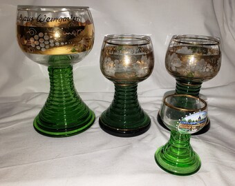 German Green Stem Roemer Wine Glasses 4 Ribbed Cone Stems