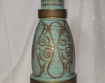 Mid Century Modern Lamp Sgraffito Pottery FAIP Aqua Turquoise Blue