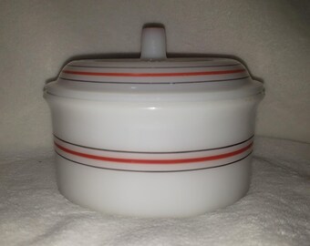 Vintage Hazel Atlas Red Black Stripes Ovide Platonite Glass Grease Drippings or Refrigerator Jar