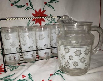 Mid Century Modern Bar Set Snowflake Glasses in Caddy and Pitcher Christmas MCM