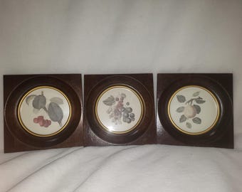 Vintage Ethan Allen Small Wood Fruit Pictures Wall Art 6&quot; square
