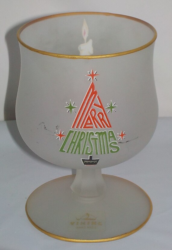 Viking Frosted Glass Merry Christmas Candle Holder Mid Century Etsy