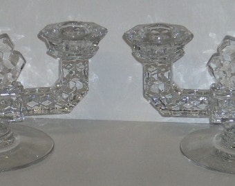 Pair Fostoria American Glass Double Arm Candle Holders