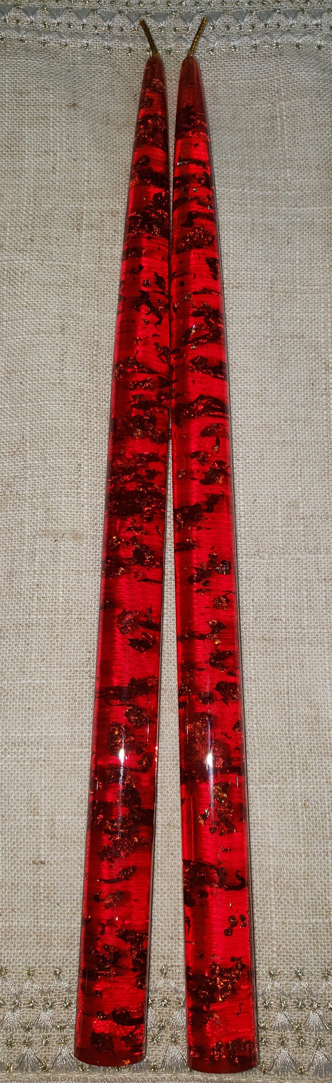 Mid Century Red Lucite Candle Sticks Gold Flakes Flecks 12 Etsy