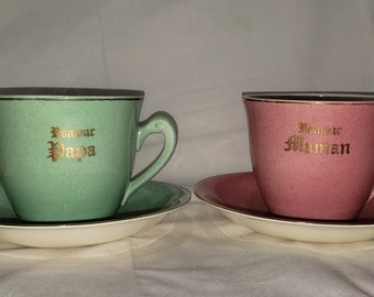 Vintage Mom and Dad Coffee Cups English China Cups Saucers Bonjour Maman Papa