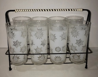 Mid Century Modern Bar Set Snowflake Glasses in Caddy Christmas