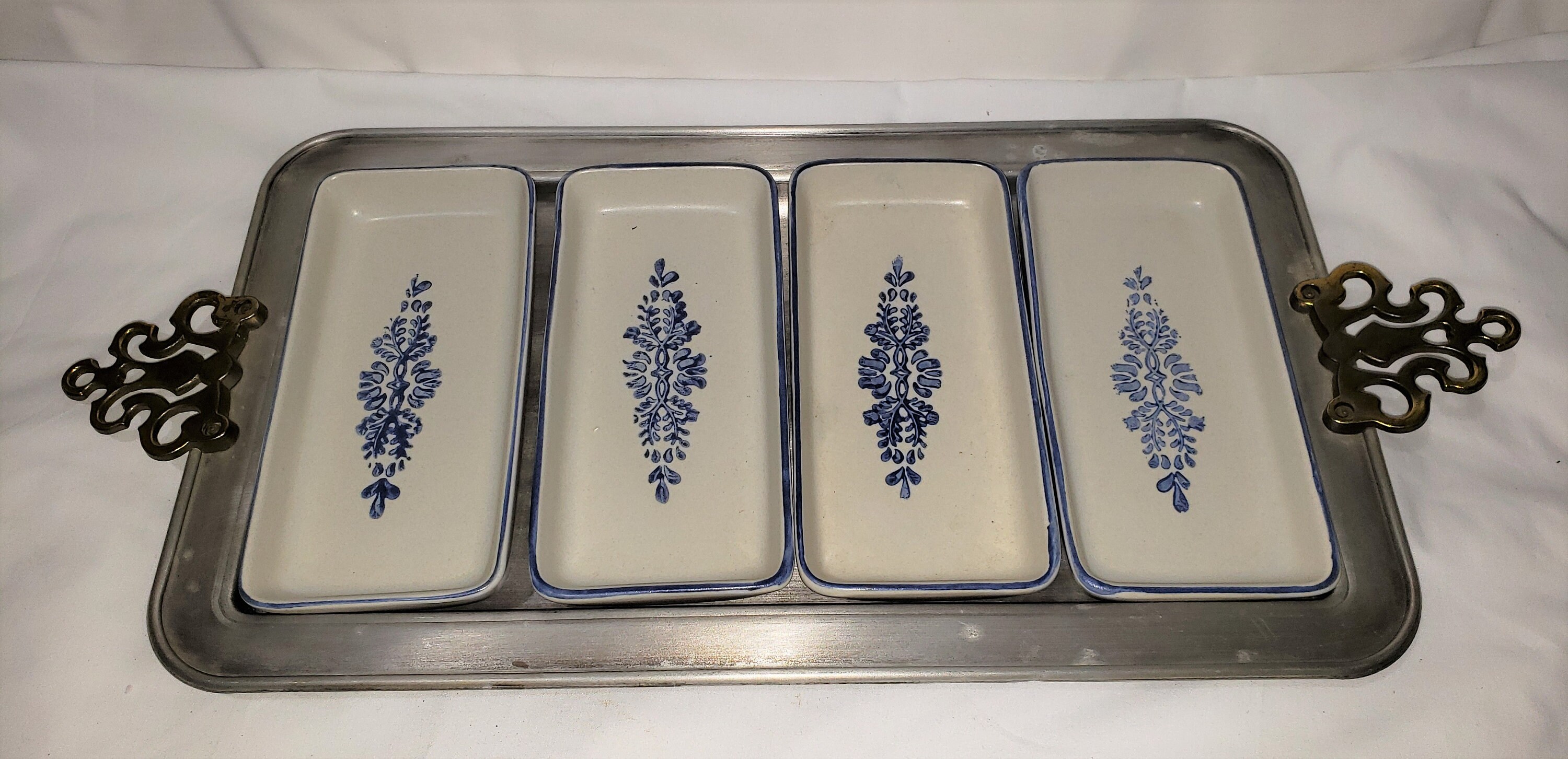 Pfaltzgraff Yorktowne Rectangular Relish Tray Brass Handles Vintage USA