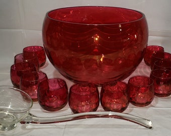 New Martinsville Glass Radiance Punch Set Bowl 12 Cups Ladle Spoon