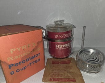 Vintage Pyrex Flameware 7759 Glass 9 Cup Percolator Coffee Pot w/ Box Never Used