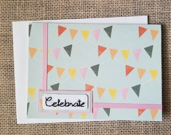 Celebrate Card - Cross Stitch Word Celebration Banner Blank Note Greeting Card