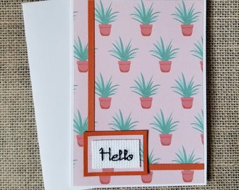 Handmade Card - Stitched Hello Plants Blank Greeting Note Card