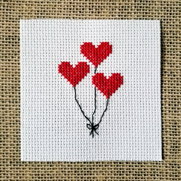 Completed Cross Stitch Valentine Red Heart Balloons Small Piece for DIY Crafts