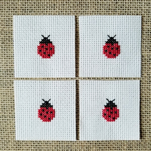 Completed Cross Stitch Red Ladybugs 4 Mini Pieces for DIY Crafts