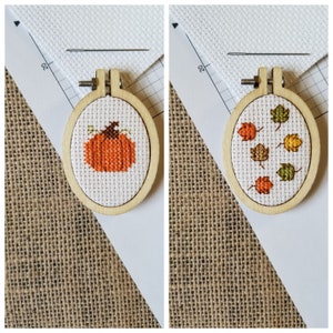 May include: Two small, wooden embroidery hoops each hold a cross-stitch design. One features an orange pumpkin, the other, colourful autumn leaves. The hoops are set against a white background with a grid and a burlap texture.