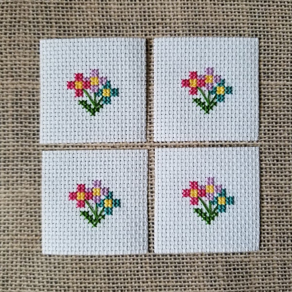 Completed Cross Stitch Flower Bunch 4 Mini Pieces for DIY Crafts