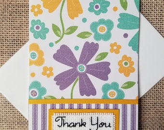 Handmade Note Card - Stitched Thank You Floral Blank Greeting Card