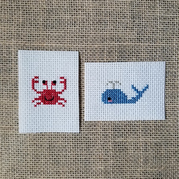 Completed Cross Stitch Beach Crab and Whale 2 Mini Pieces for DIY Crafts