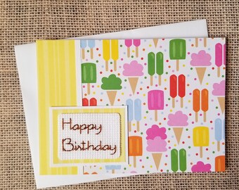 Happy Birthday Stitched Note Card - Ice Cream Blank Greeting Card