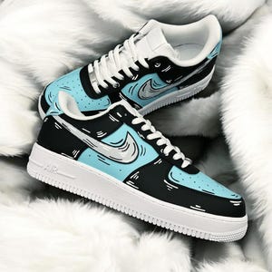 Blue Black Cartoon Custom Air Force 1 Sneaker, Pesonalized Hand Painted Blue Black Cartoon AF1 Sneaker, Black AF1 Shoes, Free Shipping