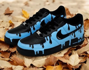 Pesonalized Black Blue Drip Custom Air Force 1 Sneakers, Hand Painted Black Blue Drip AF1 Sneakers, Black Drip AF1 Shoes, Free Shipping