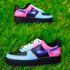 Schwarz Rosa Blau Custom Air Force 1 Sneaker, Benutzerdefinierte handbemalte Schwarz Rosa Blau AF1 Schuhe, Schwarz Rosa Blau AF1 Sneaker, kostenloser Versand
