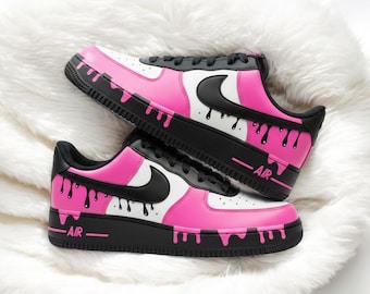 ピンクホワイトドリップのエアフォース1スニーカー（手描き）, ピンクホワイトドリップのAF1シューズ（カスタムブラック）, 送料無料