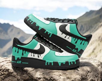 Zapatillas Air Force 1 personalizadas verde y blanco con efecto goteo, zapatillas AF1 pintadas a mano en verde y blanco con efecto goteo, zapatillas AF1 negras personalizadas, envío gratis