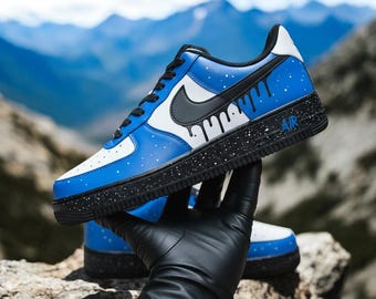 Black White Blue Drip Custom  Air Force 1 Sneakers, Custom Hand Painted Black White Blue Drip AF1 Shoes, Black Drip Sneakers, Free Shipping