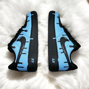 Custom Blue Black Drip Air Force 1 Sneaker, Pesonalized Hand Painted Blue Black Drip AF1 Sneaker, Black AF1 Shoes, Free Shipping