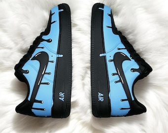Custom Blue Black Drip Air Force 1 Sneaker, Pesonalized Hand Painted Blue Black Drip AF1 Sneaker, Black AF1 Shoes, Free Shipping