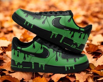 Black Green Drip Custom Air Force 1 Sneakers, Custom Hand Painted Black Green Drip AF1 Shoes, Balck Green Drip Sneakers, Free Shipping