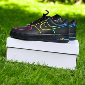 Black Neon Multicolor Custom Air Force 1 Shoes, Custom Hand Painted Black Neon AF1, Personalized AF1 Shoes, Free Shipping