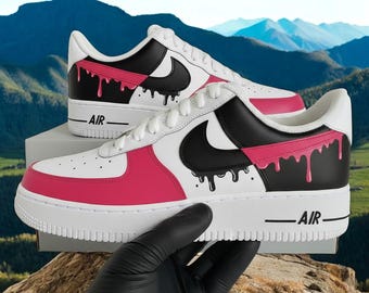 ホワイト ブラック ピンク エア フォース 1 スニーカー、カスタムハンドペイント ホワイト ブラック ピンク AF1、ピンク AF1 シューズ、ハンドペイント AF1 スニーカー、送料無料