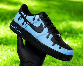 Black Blue Drip Custom Air Force 1 Sneakers, Pesonalized Hand Painted Black Blue Drip AF1 Sneakers, Black Drip AF1 Shoes, Free Shipping