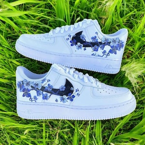 Flower Blue Custom Air Force 1 Shoes, Custom Hand Painted Flower Blue AF1, Flower Blue Shoes, Hand Painted AF1 Sneaker, Free Shipping