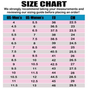 May include: A shoe size conversion chart displaying US Men's, US Women's, EU, and CM sizes. The chart ranges from US Men's 4 to 11.5, US Women's 5.5 to 13, EU 36 to 46, and CM 22.5 to 29.5, providing a guide for shoe sizing.