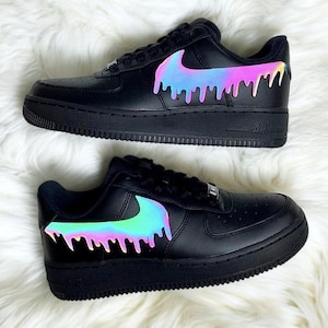 Black Rainbow Reflective Drip Custom Air Force 1 Sneaker, Pesonalized Hand Painted Black Rainbow AF1 Sneaker, Black AF1 Shoes, Free Shipping