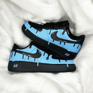 Blue Black Drip Custom Air Force 1 Sneaker, Pesonalized Hand Painted Blue Black Drip AF1 Sneaker, Black AF1 Shoes, Free Shipping