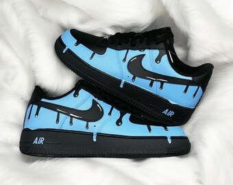 Blue Black Drip Custom Air Force 1 Sneaker, Pesonalized Hand Painted Blue Black Drip AF1 Sneaker, Black AF1 Shoes, Free Shipping